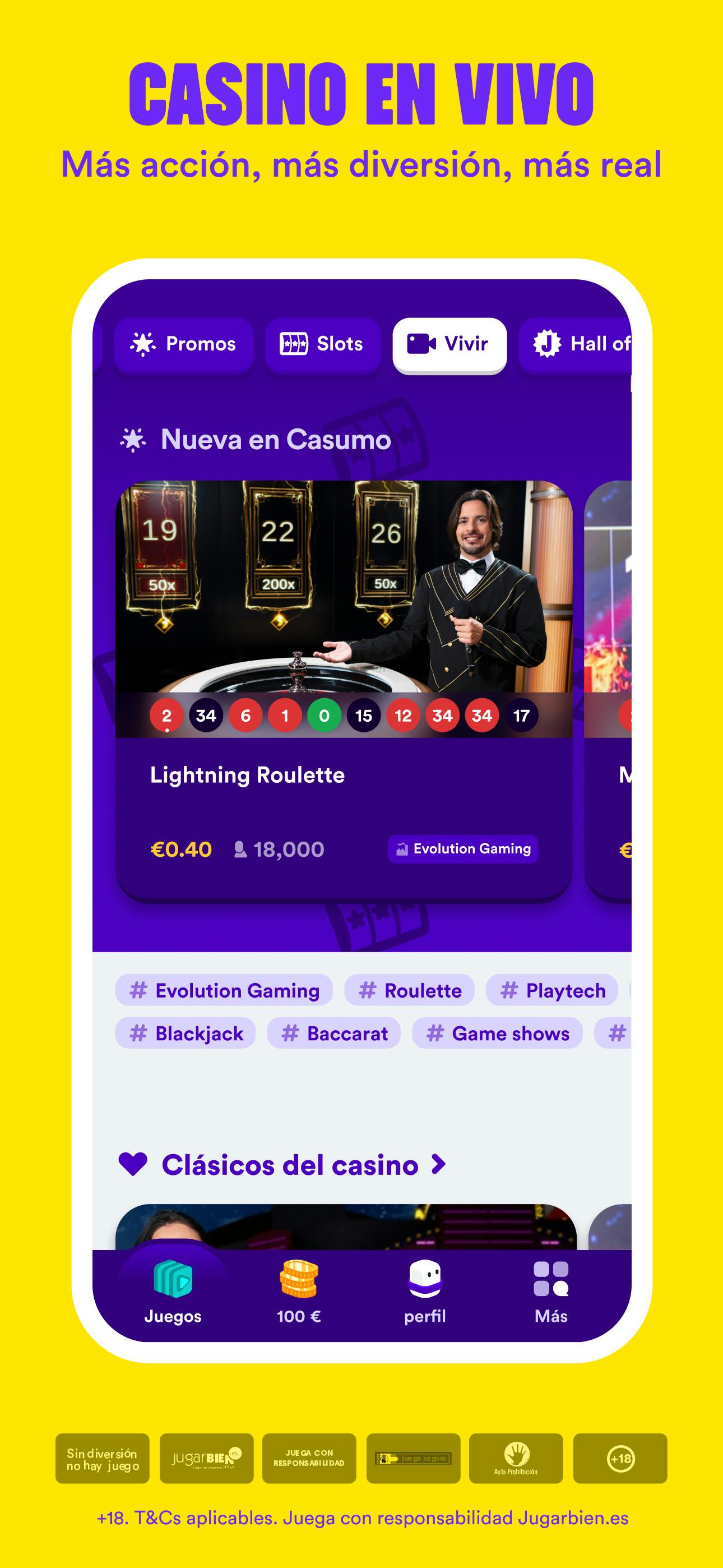 Interfaz de la app de Casumo mostrando juegos y bonos